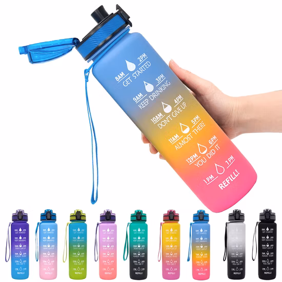 1L Fosco Tritan PC Plástico Marcador de Tempo Motivacional Gradiente Garrafa de Água de Cor Simples Lembrar de Beber
